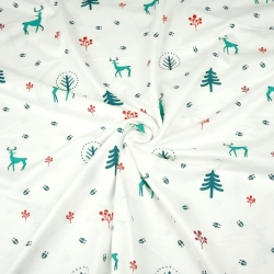 Jersey-Stoff grün-rote Rehe auf weißem Hintergrund  