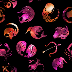 Digitaldruck Jersey-Stoff - Sternzeichen rosa-orange auf schwarzem Hintergrund  