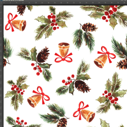 Jersey-Stoff Digitaldruck Weihnachts-Stechpalme mit Glöckchen auf weißem Hintergrund  