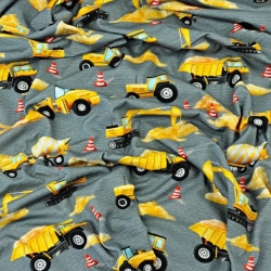 Jersey-Stoff Digitaldruck - Baustellenroboter auf dunkelgrauen Streifen  