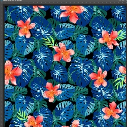 Jersey Stoff Digitaldruck Blumen auf blau-grünen Monstera-Blättern  