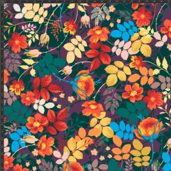 Jersey Stoff Digitaldruck Blumen und Blätter rot-orange auf lila Hintergrund  