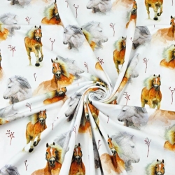 Jersey-Stoff Digitaldruck - braun-graue Pferde auf weißem Hintergrund  