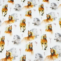 Jersey-Stoff Digitaldruck - braun-graue Pferde auf weißem Hintergrund  