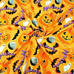 Jersey-Stoff Digitaldruck - Halloween-Kürbisse auf orangefarbenem Hintergrund  