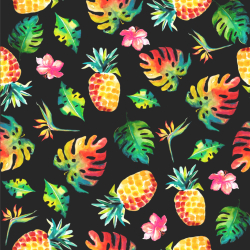 Jersey-Stoff Digitaldruck Ananas mit Blättern auf schwarzem Hintergrund  