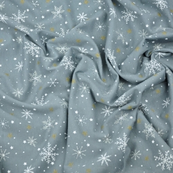 Jersey-Stoff weiße Schneeflocken mit goldenen Sternen auf grauem Hintergrund  