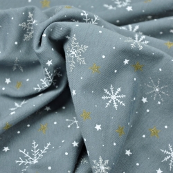 Jersey-Stoff weiße Schneeflocken mit goldenen Sternen auf grauem Hintergrund  