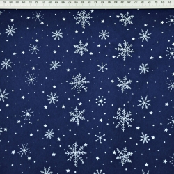 Jersey-Stoff weiße Schneeflocken auf marineblauem Hintergrund  