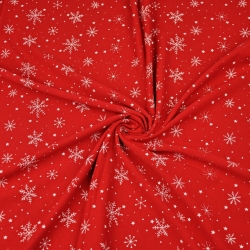 Jersey-Stoff weiße Schneeflocken auf dunkelrotem Hintergrund  