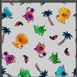 Interlock-Jersey Digitaldruck - bunte Tiere auf grauem Melange-Hintergrund  