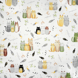 Bawełna 100% kotki zielono beżowe na białym tle