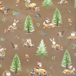 Bawełna 100% zwierzęta rajdowe w lesie na brązowym tle