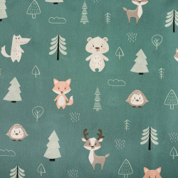 Bawełna 100% zwierzątka z drzewami na szałwiowym tle