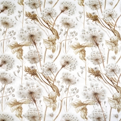 Baumwolle 100% Pusteblumen und Blätter in beige auf weißem Hintergrund  