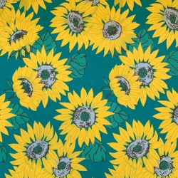 wasserabweisender Stoff mit Sonnenblumen auf grünem Hintergrund  
