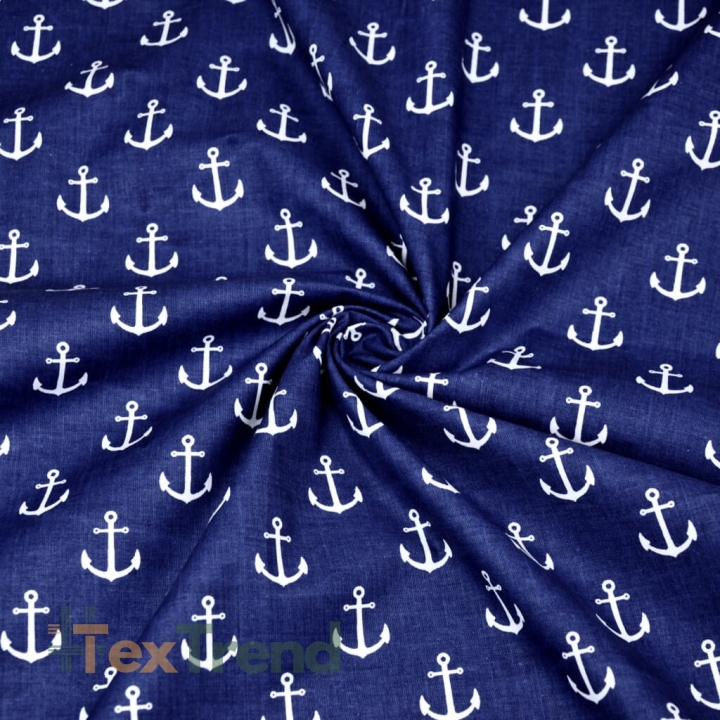 100% Baumwolle Anker weiß auf marineblauem Hintergrund  