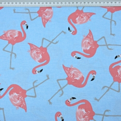 Baumwolle 100% rosa Flamingos auf blauem Hintergrund  