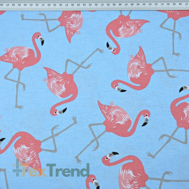 Baumwolle 100% rosa Flamingos auf blauem Hintergrund  