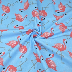 Baumwolle 100% rosa Flamingos auf blauem Hintergrund  