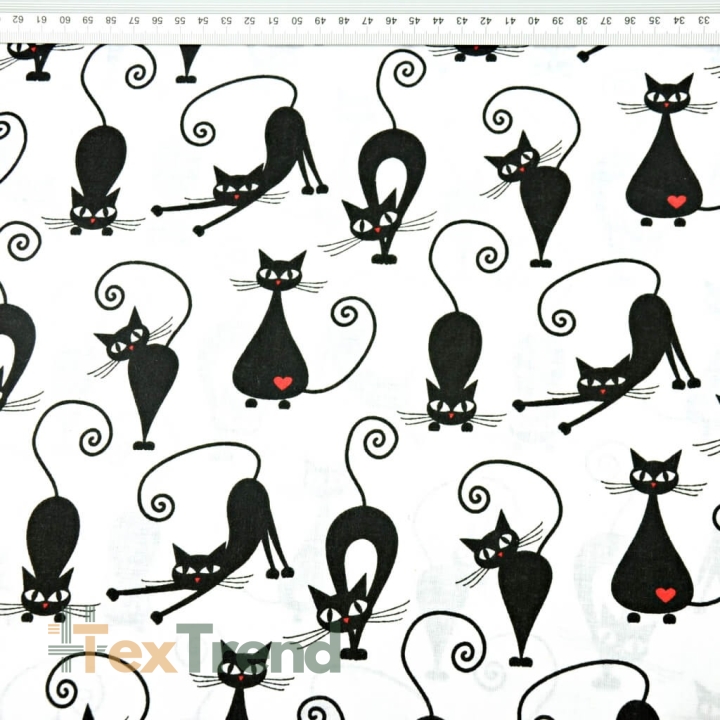 Baumwolle 100% Katzen mit Herzen schwarz auf weißem Hintergrund  
