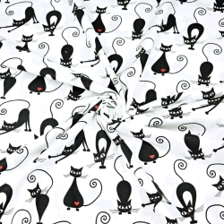 Baumwolle 100% Katzen mit Herzen schwarz auf weißem Hintergrund  