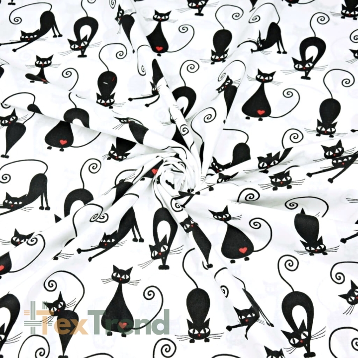 Baumwolle 100% Katzen mit Herzen schwarz auf weißem Hintergrund  