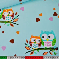100% Baumwolle Eulen mit Herzen auf mintgrünem Hintergrund  