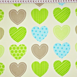 Baumwolle 100% Herzen gemustert grün-braun auf ecrufarbenem Hintergrund  