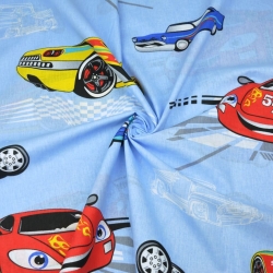 Baumwolle 100% Fahrzeuge Rennwagen auf blauem Hintergrund  