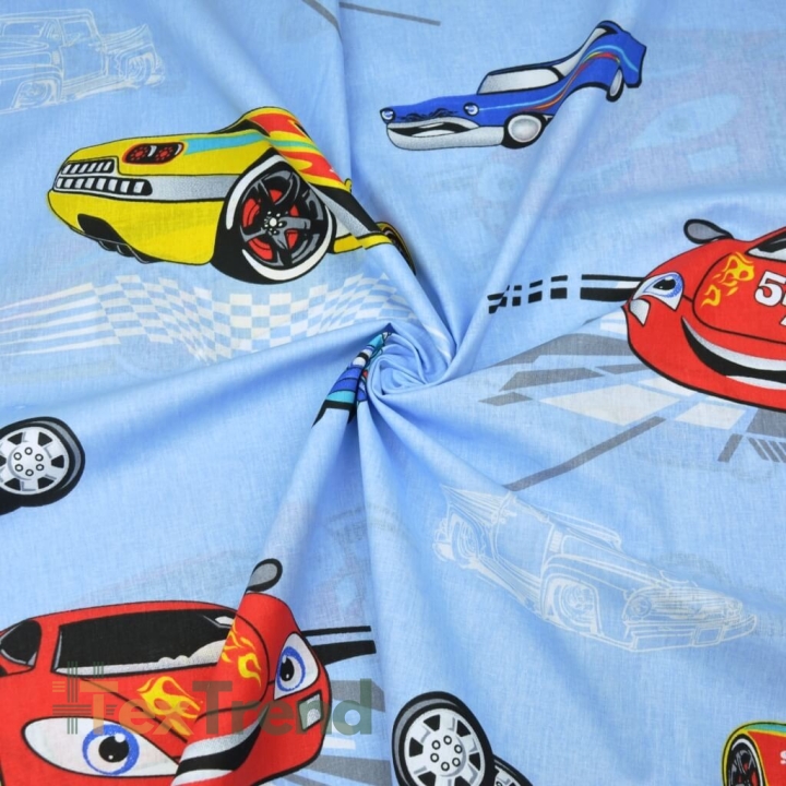 Baumwolle 100% Fahrzeuge Rennwagen auf blauem Hintergrund  