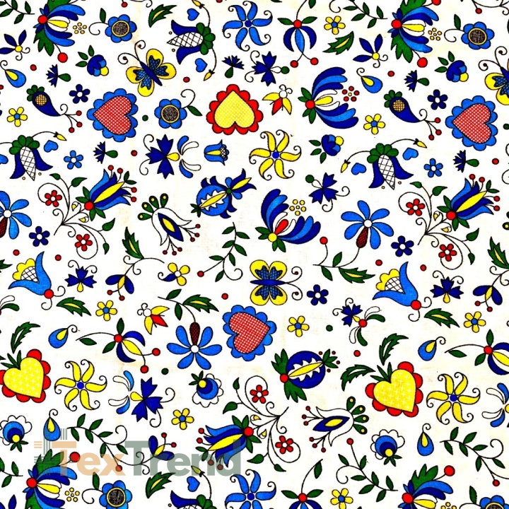 Baumwolle 100% Kaschubisches Muster Blau auf weißem Hintergrund  
