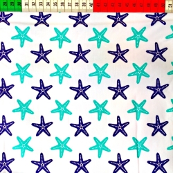 Baumwolle 100% Türkis-marineblaue Seesterne auf weißem Hintergrund  