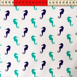 Baumwolle 100% Türkis-marineblaue Seepferdchen auf weißem Hintergrund  