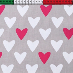 Baumwolle 100% Herzen weiß-rosa auf grauem Hintergrund  