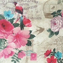 Baumwolle 100% Blumen mit Vögeln auf Vintage-Hintergrund  