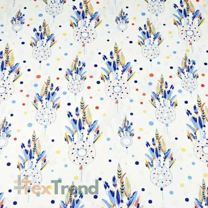 Baumwolle 100% indianisches Totem blau ecru Hintergrund
