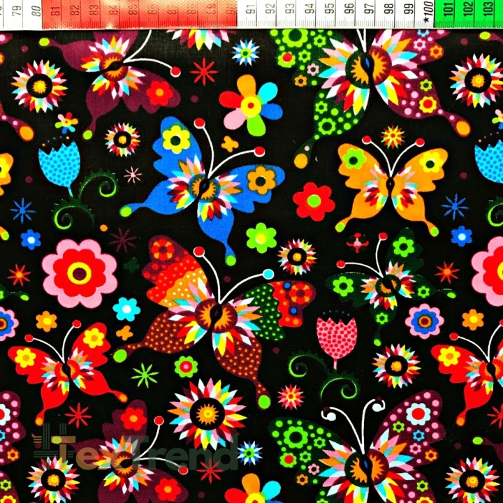 Baumwolle 100% Łowicz Schmetterlinge schwarzer Hintergrund  