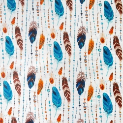 Baumwolle 100% Federn mit Perlen orange-blau auf weißem Hintergrund  