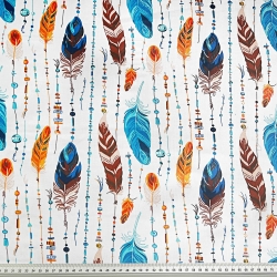 Baumwolle 100% Federn mit Perlen orange-blau auf weißem Hintergrund  