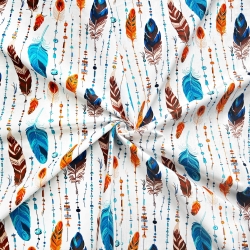 Baumwolle 100% Federn mit Perlen orange-blau auf weißem Hintergrund  
