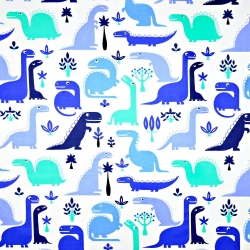 Baumwolle 100% Dinosaurier blau auf weißem Hintergrund  