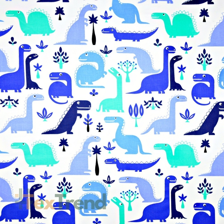 Baumwolle 100% Dinosaurier blau auf weißem Hintergrund  