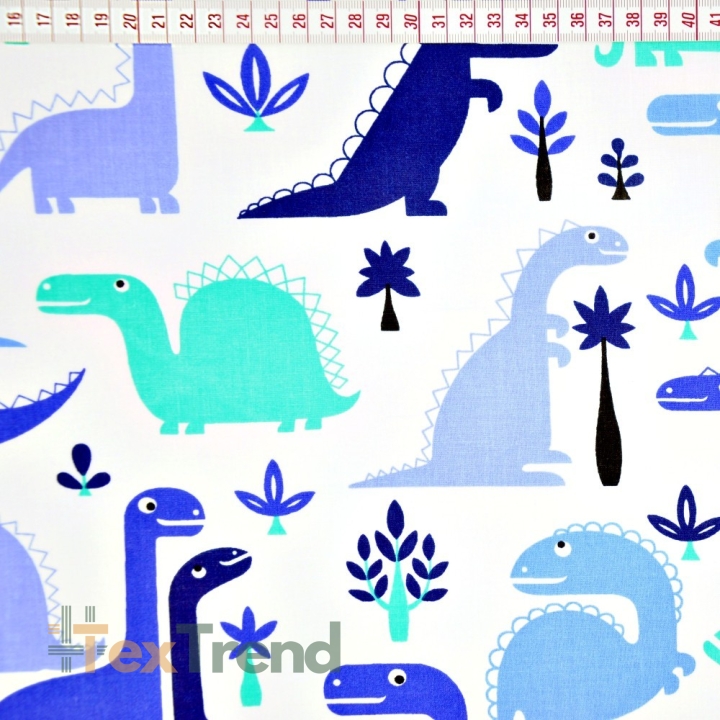 Baumwolle 100% Dinosaurier blau auf weißem Hintergrund  