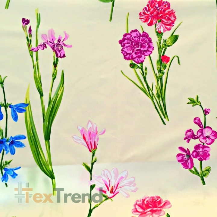 Baumwolle 100% Blumen Iris und Nelken auf ecrufarbenem Hintergrund  