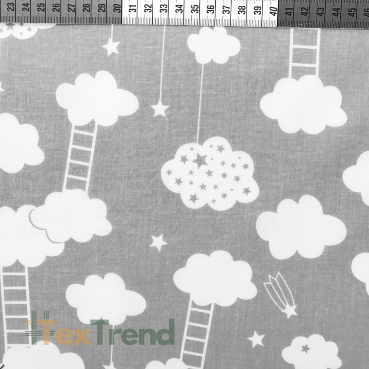 Baumwolle 100% Wolken mit Leitern weiß auf grauem Hintergrund  