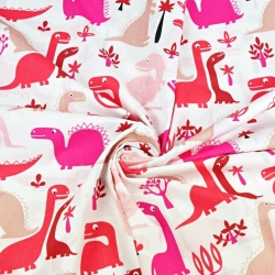 Baumwolle 100% Dinosaurier rot-rosa auf weißem Hintergrund  