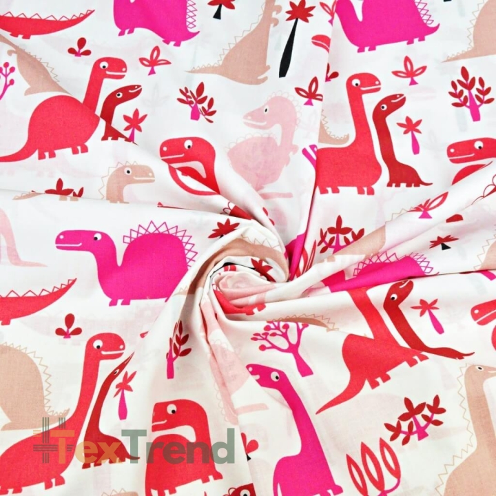 Baumwolle 100% Dinosaurier rot-rosa auf weißem Hintergrund  