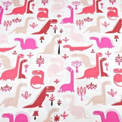 Baumwolle 100% Dinosaurier rot-rosa auf weißem Hintergrund  