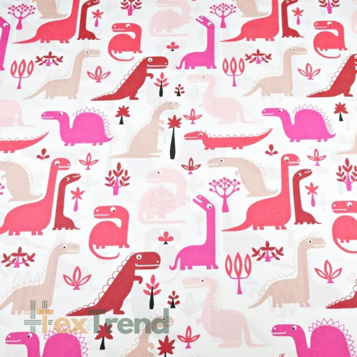 Baumwolle 100% Dinosaurier rot-rosa auf weißem Hintergrund  